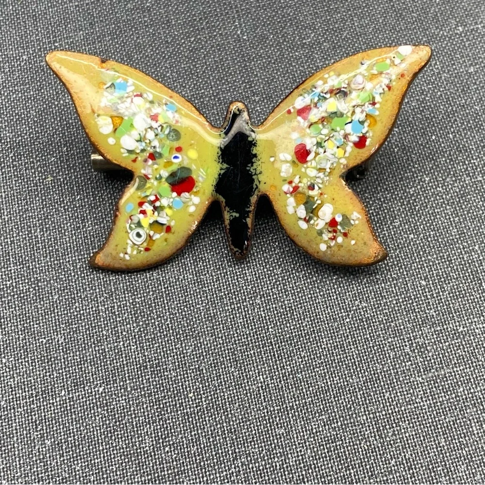 Mid Century Modern Glass Abstract Copper Back Multicolored Brooches Set of 2